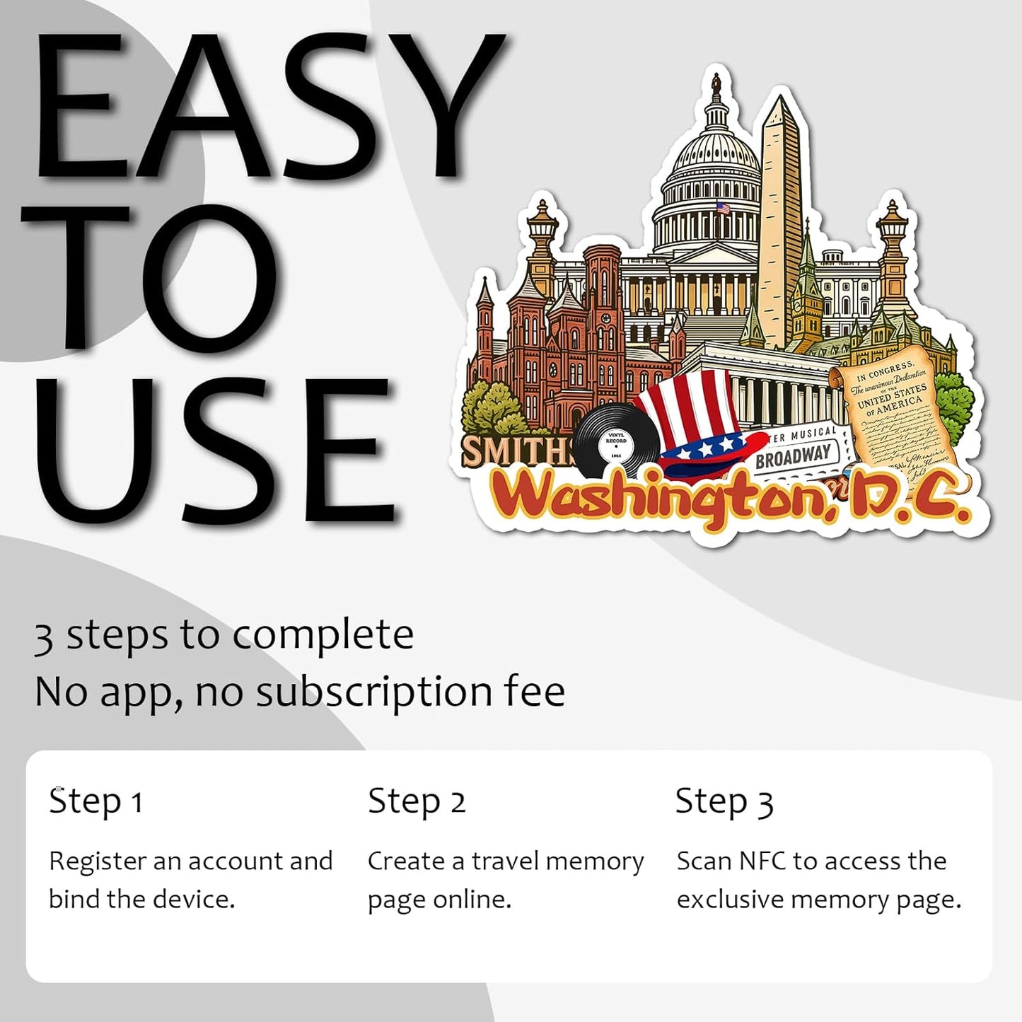 Effasaflink Washington, D.C. NFC-Enabled Smart Travel Souvenir Fridge Magnet - Customizable Travel Memory Keepsake with Landmark Designs for US Cities & States (Acrylic, Digital Photo Journal, 9 Photos)
