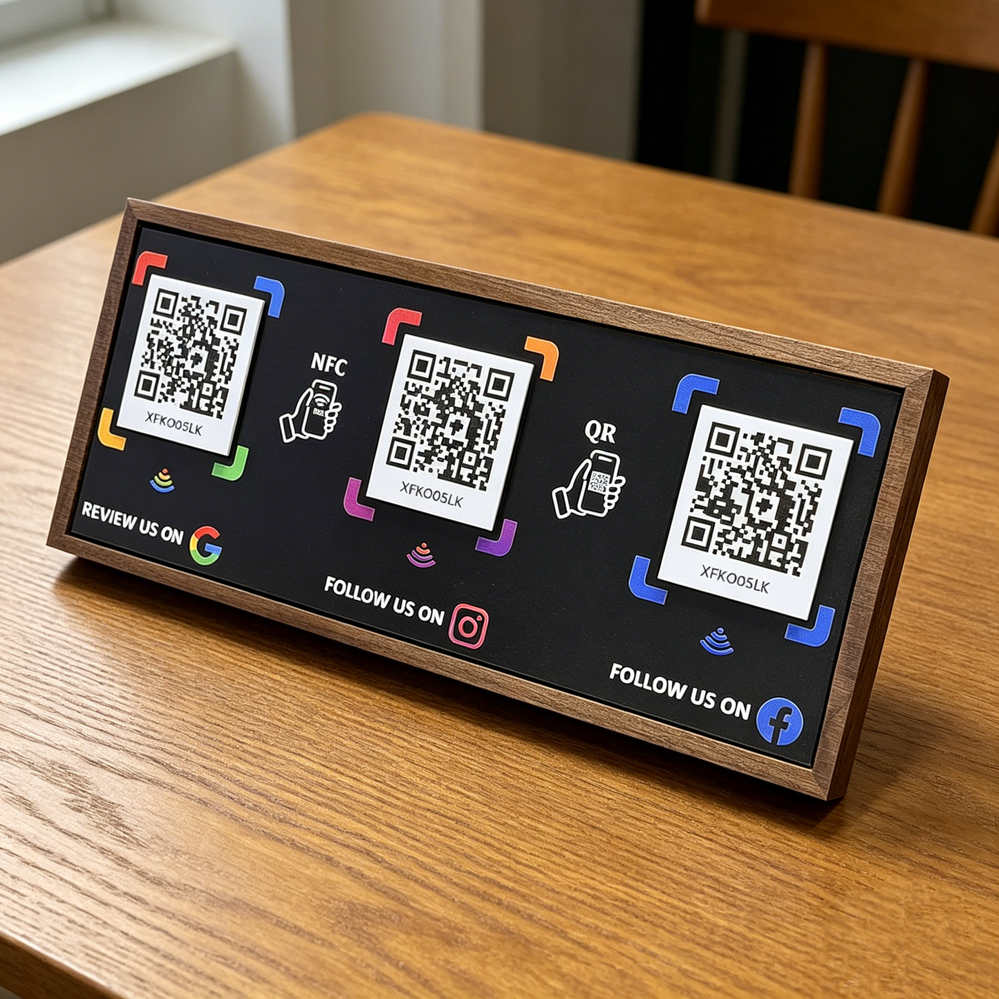 3-in-1 Walnut NFC Sign – Google/Instagram/Facebook – No Monthly Fee