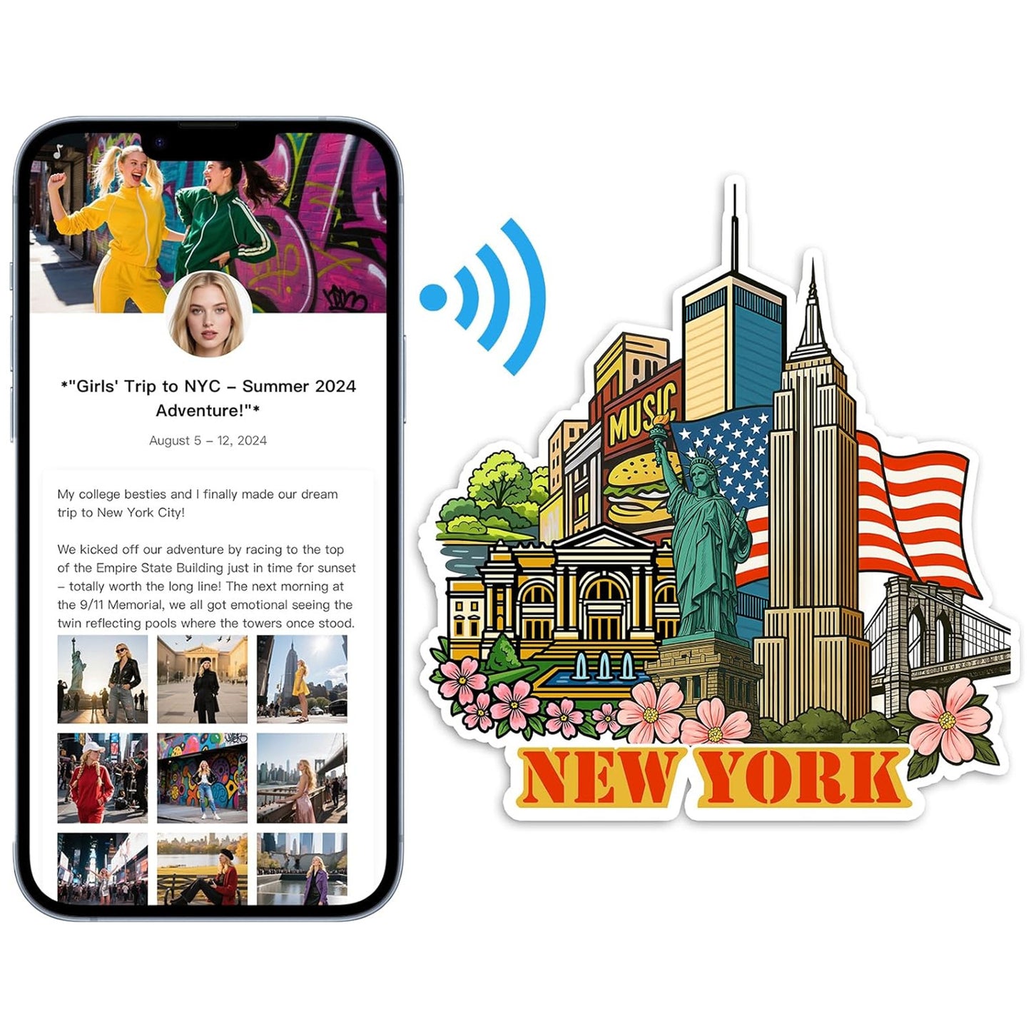 Effasaflink New York City NFC-Enabled Smart Travel Souvenir Fridge Magnet - Customizable Travel Memory Keepsake with Landmark Designs for US Cities & States (Acrylic, Digital Photo Journal, 9 Photos)