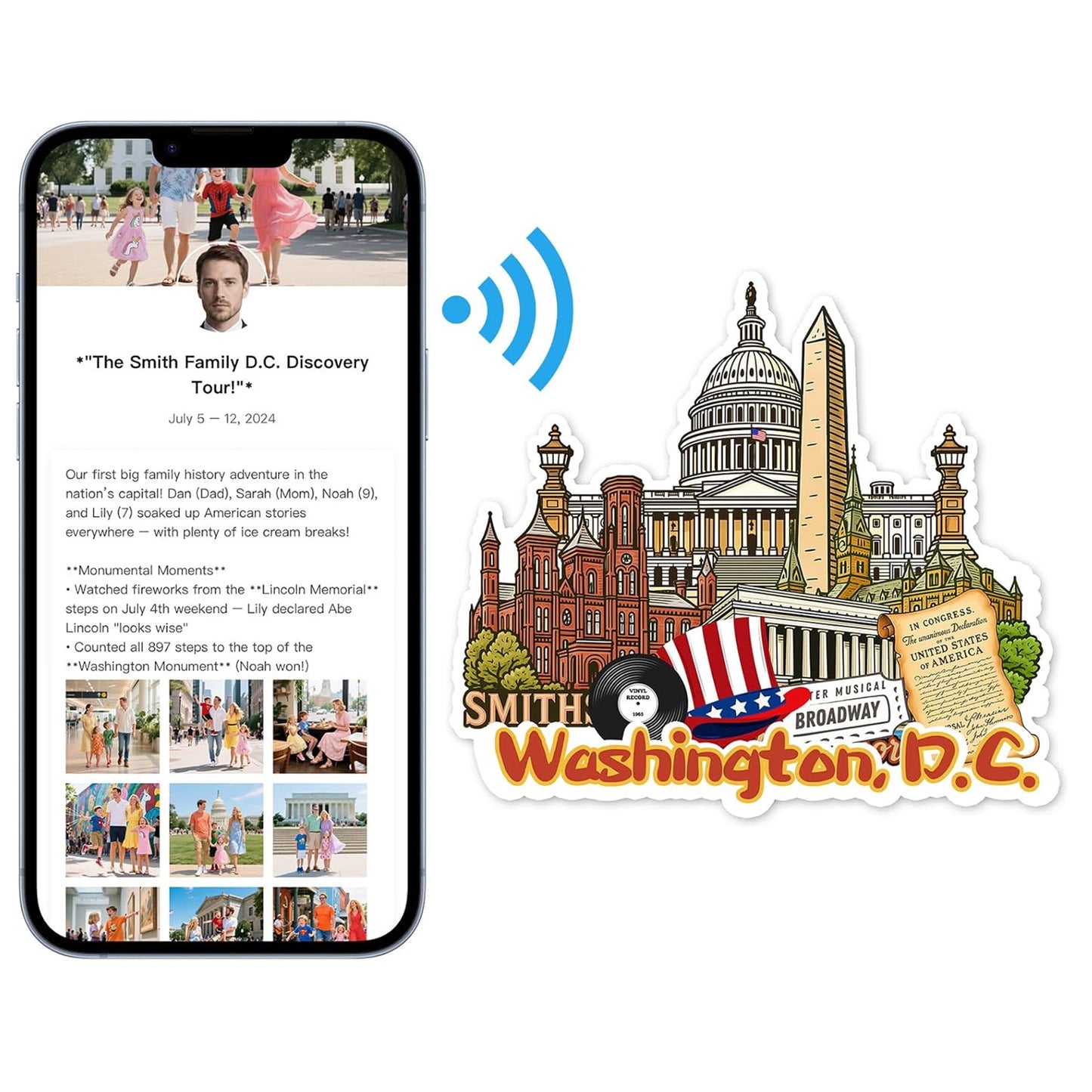 Effasaflink Washington, D.C. NFC-Enabled Smart Travel Souvenir Fridge Magnet - Customizable Travel Memory Keepsake with Landmark Designs for US Cities & States (Acrylic, Digital Photo Journal, 9 Photos)
