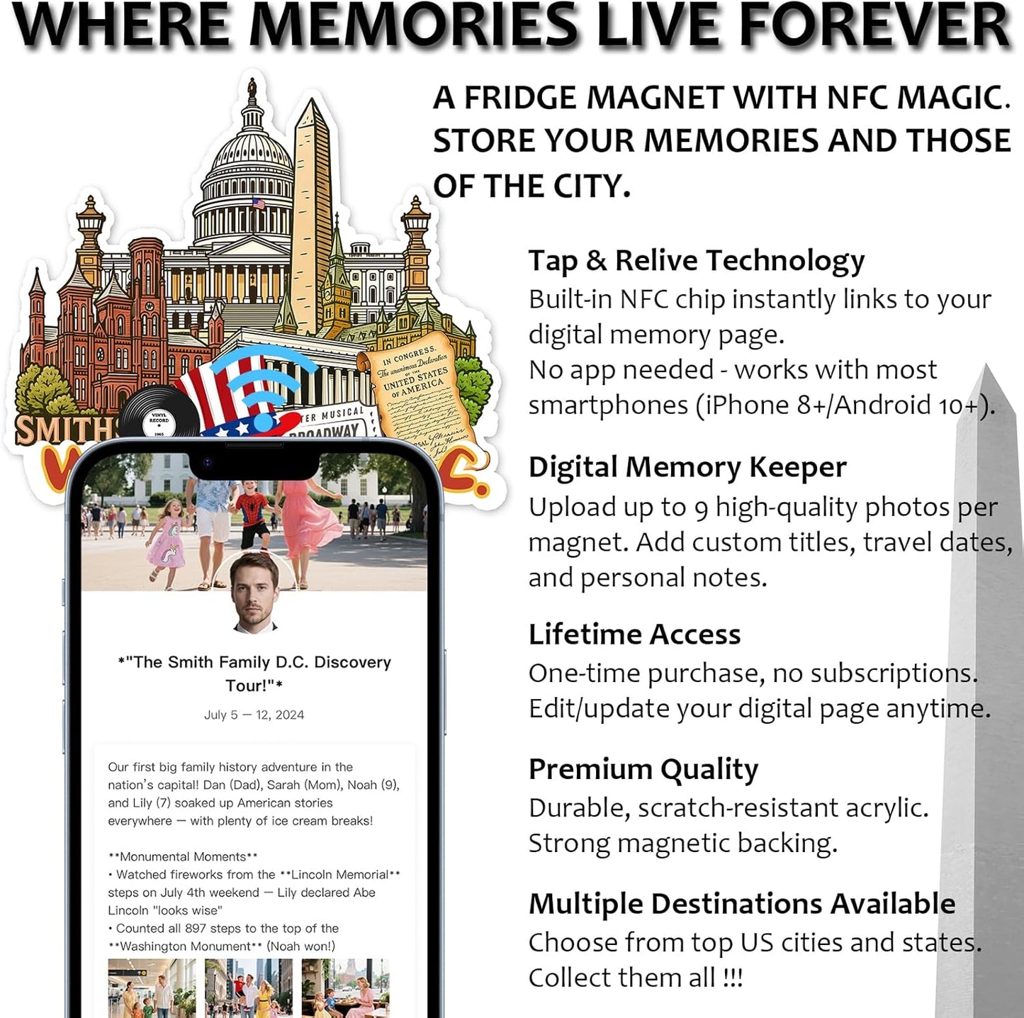 Effasaflink Washington, D.C. NFC-Enabled Smart Travel Souvenir Fridge Magnet - Customizable Travel Memory Keepsake with Landmark Designs for US Cities & States (Acrylic, Digital Photo Journal, 9 Photos)
