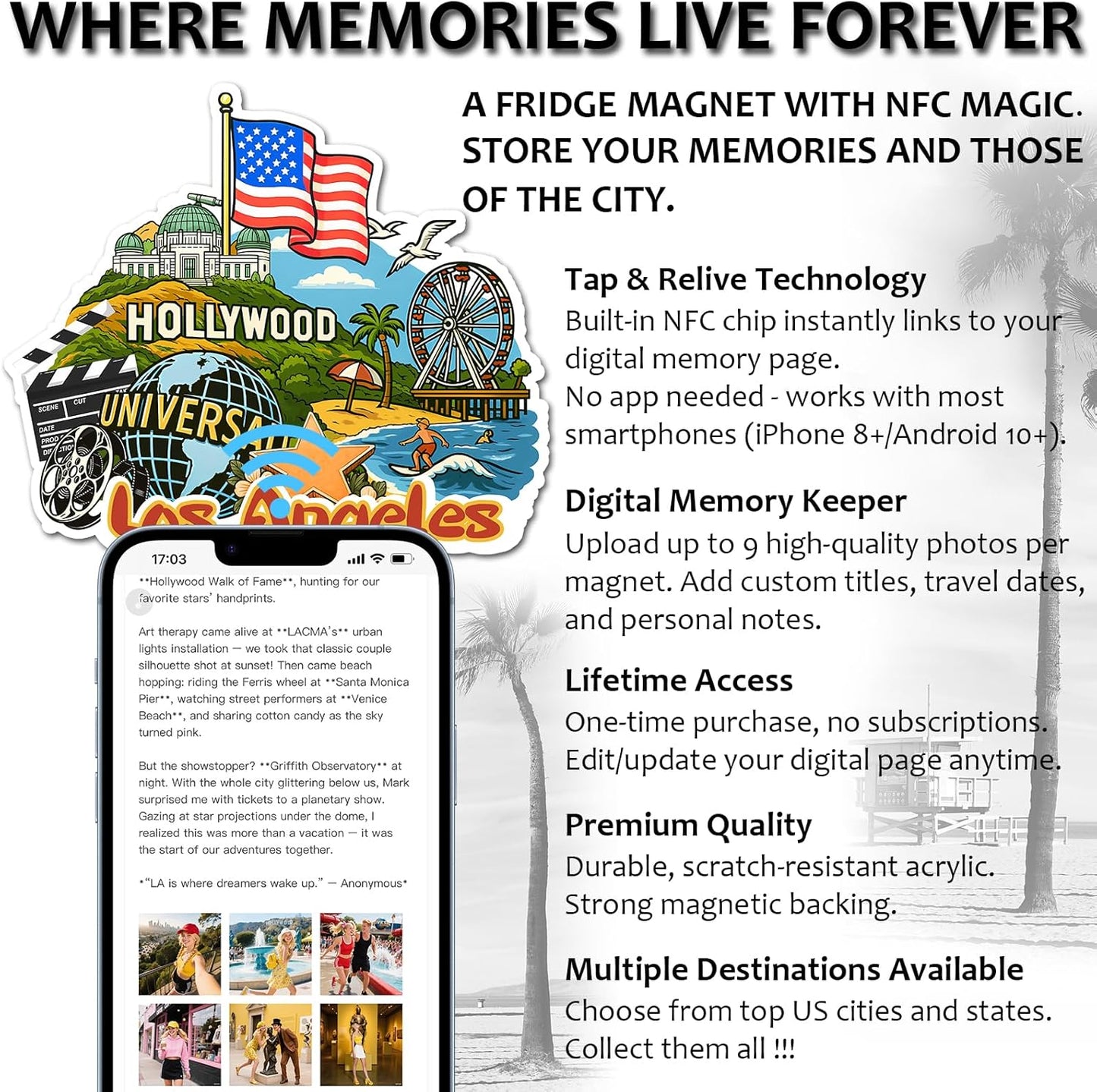 Effasaflink Los Angeles City NFC-Enabled Smart Travel Souvenir Fridge Magnet - Customizable Travel Memory Keepsake with Landmark Designs for US Cities & States (Acrylic, Digital Photo Journal, 9 Photos)