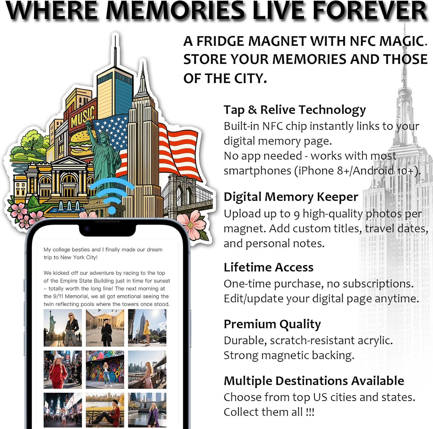 Effasaflink New York City NFC-Enabled Smart Travel Souvenir Fridge Magnet - Customizable Travel Memory Keepsake with Landmark Designs for US Cities & States (Acrylic, Digital Photo Journal, 9 Photos)