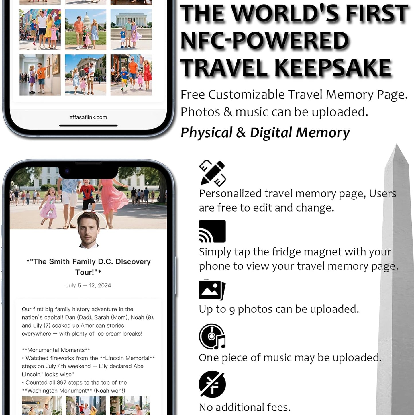 Effasaflink Washington, D.C. NFC-Enabled Smart Travel Souvenir Fridge Magnet - Customizable Travel Memory Keepsake with Landmark Designs for US Cities & States (Acrylic, Digital Photo Journal, 9 Photos)