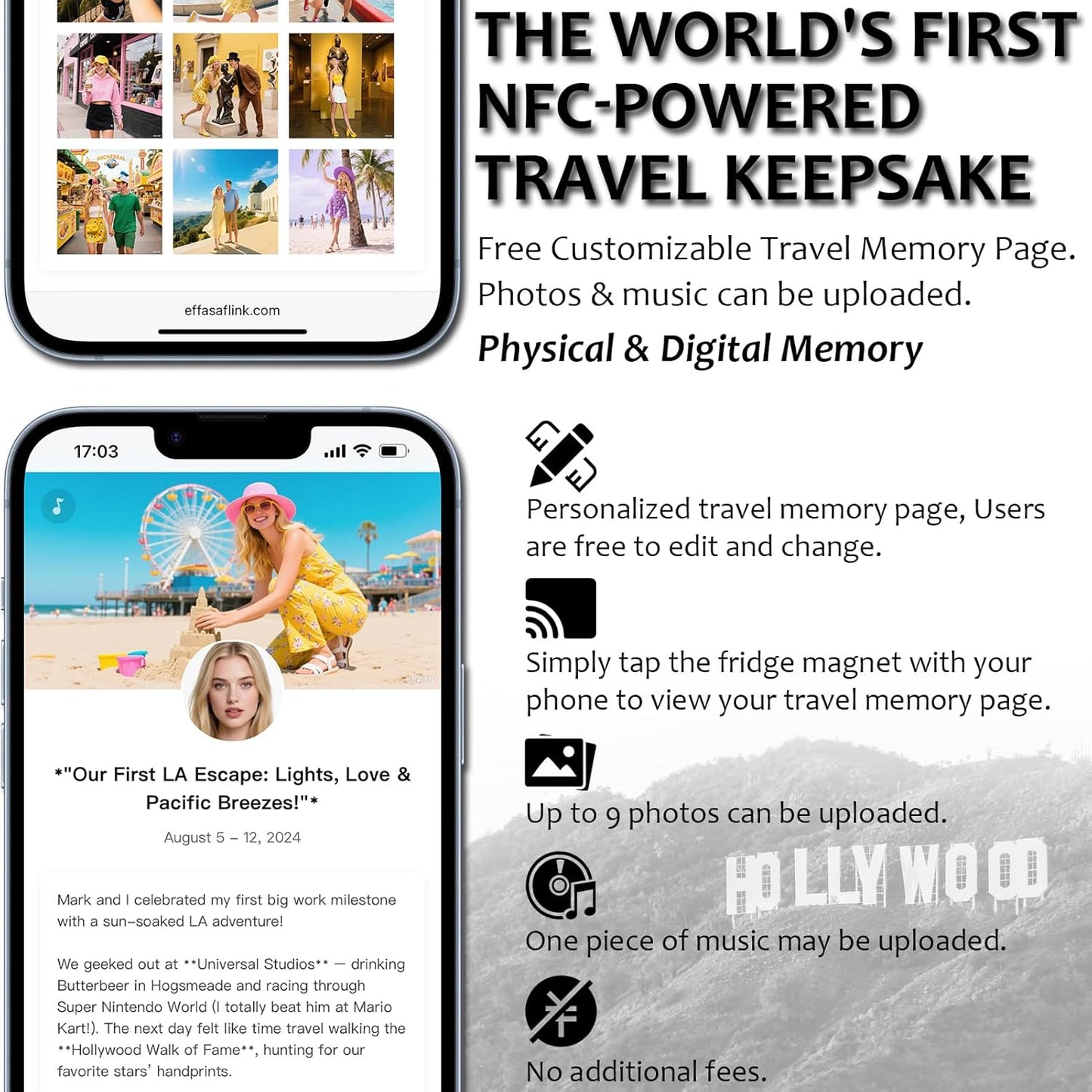 Effasaflink Los Angeles City NFC-Enabled Smart Travel Souvenir Fridge Magnet - Customizable Travel Memory Keepsake with Landmark Designs for US Cities & States (Acrylic, Digital Photo Journal, 9 Photos)