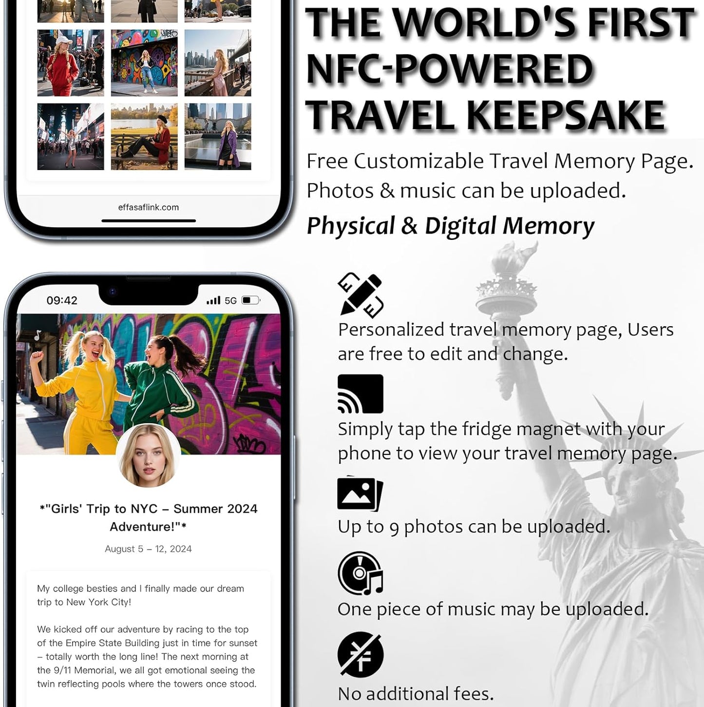 Effasaflink New York City NFC-Enabled Smart Travel Souvenir Fridge Magnet - Customizable Travel Memory Keepsake with Landmark Designs for US Cities & States (Acrylic, Digital Photo Journal, 9 Photos)