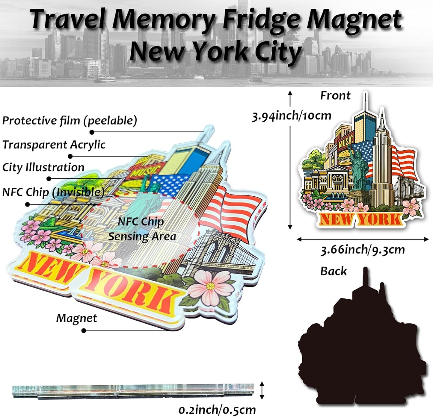 Effasaflink New York City NFC-Enabled Smart Travel Souvenir Fridge Magnet - Customizable Travel Memory Keepsake with Landmark Designs for US Cities & States (Acrylic, Digital Photo Journal, 9 Photos)