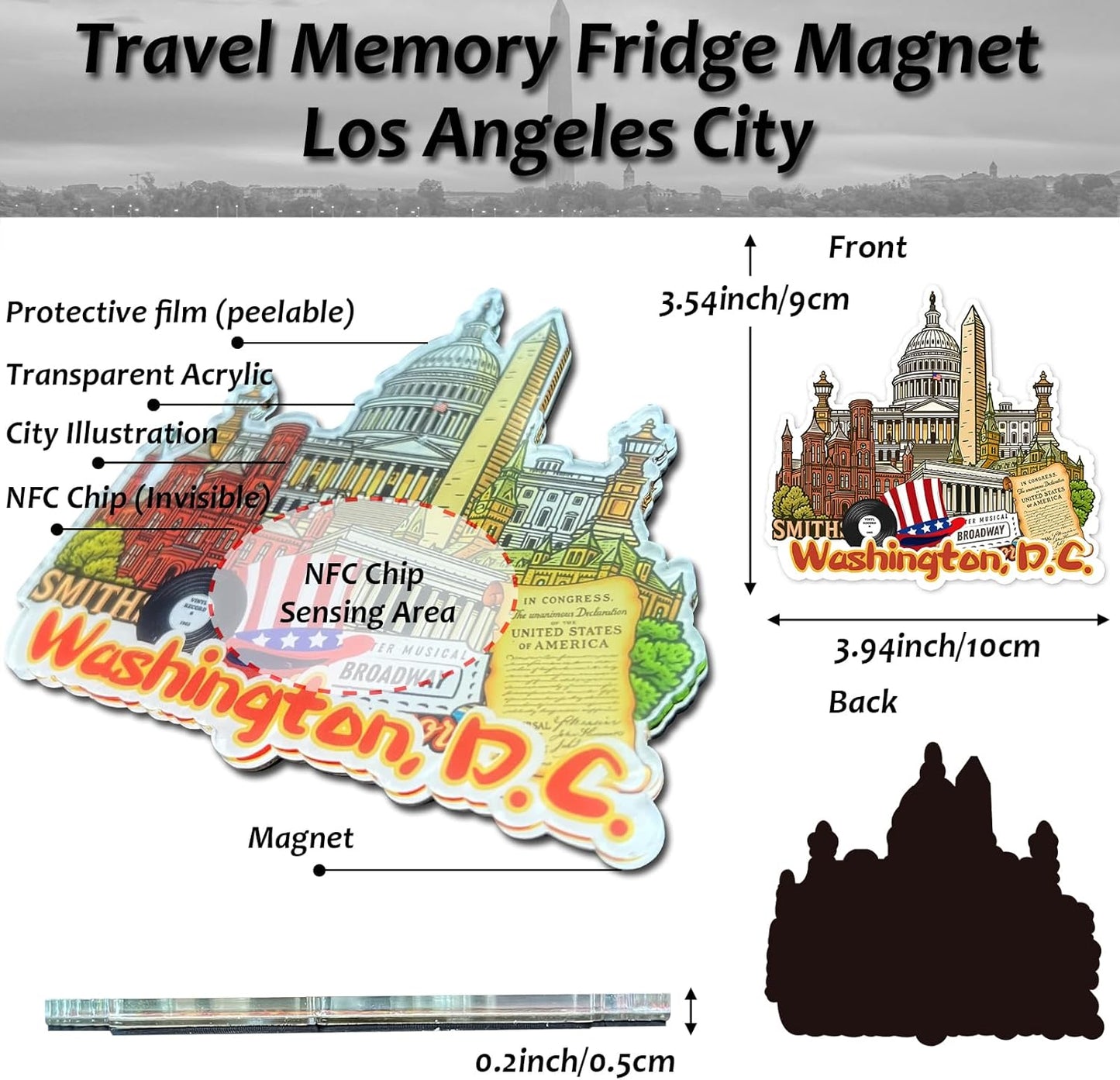 Effasaflink Washington, D.C. NFC-Enabled Smart Travel Souvenir Fridge Magnet - Customizable Travel Memory Keepsake with Landmark Designs for US Cities & States (Acrylic, Digital Photo Journal, 9 Photos)