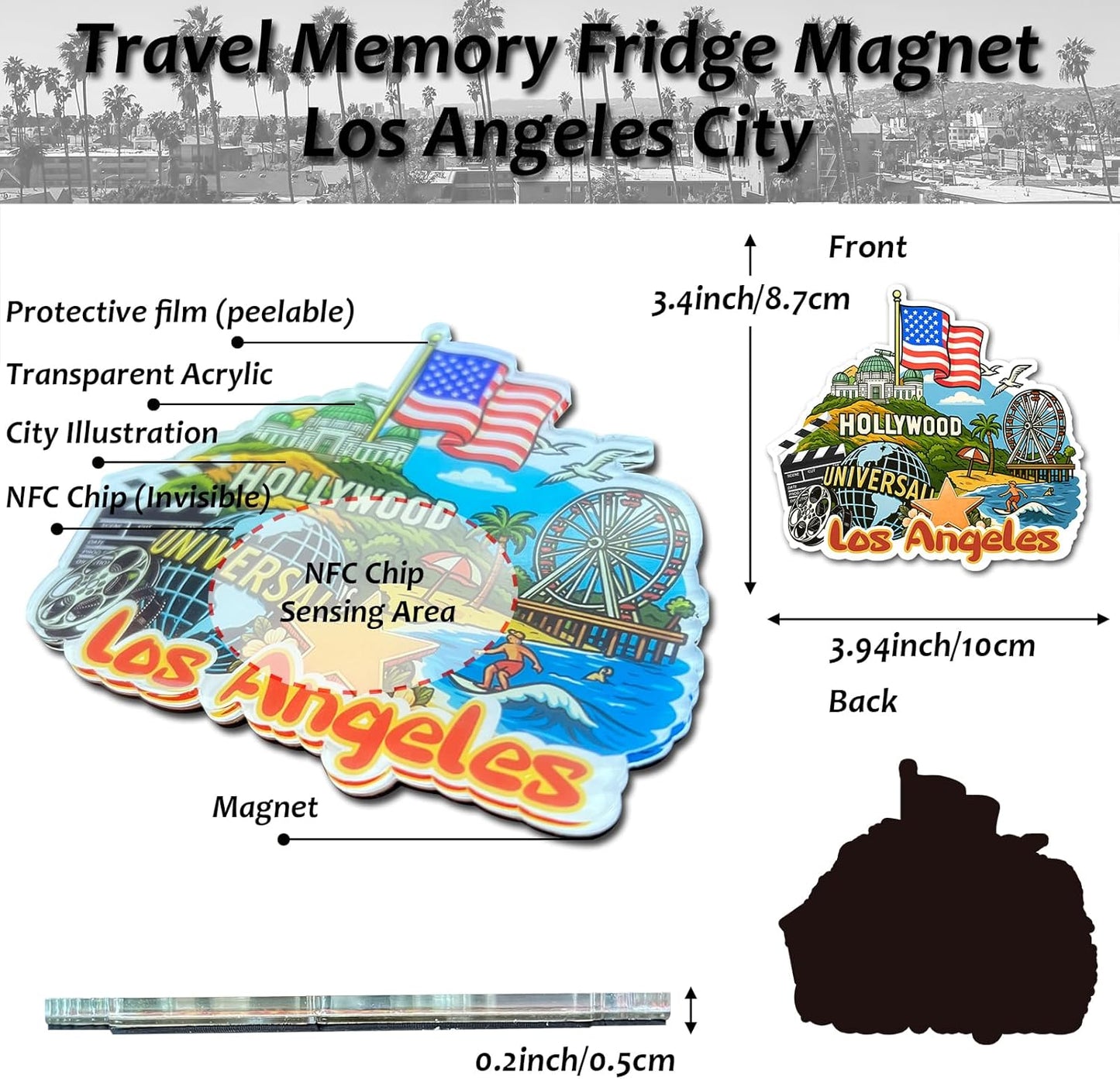 Effasaflink Los Angeles City NFC-Enabled Smart Travel Souvenir Fridge Magnet - Customizable Travel Memory Keepsake with Landmark Designs for US Cities & States (Acrylic, Digital Photo Journal, 9 Photos)