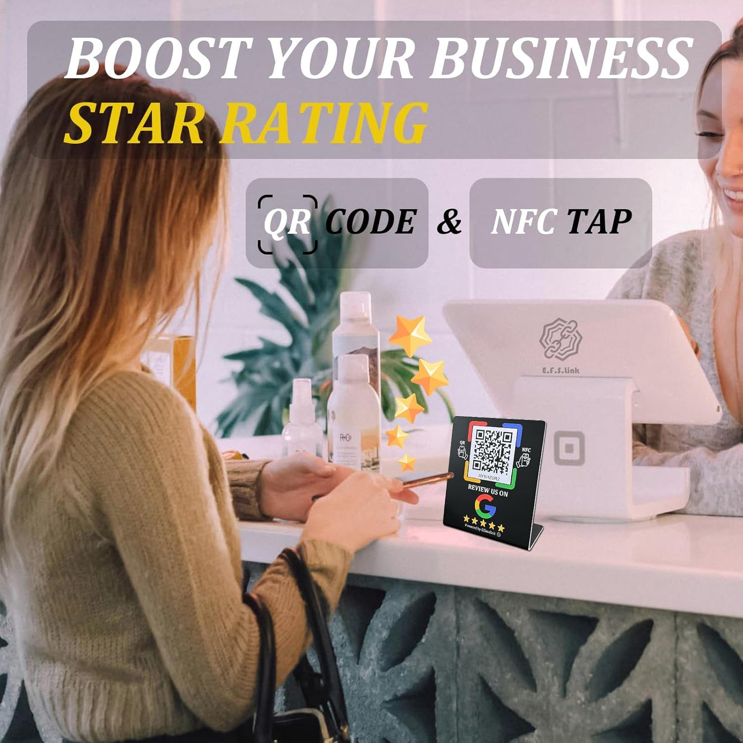 Effasaflink Plastic Stand with NFC Chip & QR Code - Compatible with Google Business Page for Customer Reviews, No Monthly Fees, Boost Business Reviews, Small Business Essentials, for iPhone & Android