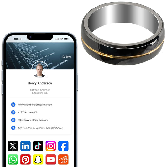 Effasaflink Digital Business Card, Customized Online Profile, Tungsten Steel Gold & Black NFC Ring, Tap to Share Social Information, for iPhone & Android