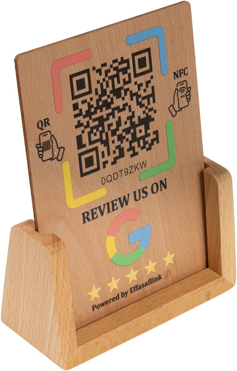 Effasaflink Wood Display Stand with NFC Chip & QR Code - Compatible with Google Review Page Easy Access for Customer Reviews, Boost Business Reviews, Small Business Essentials, No App, No Monthly Fees