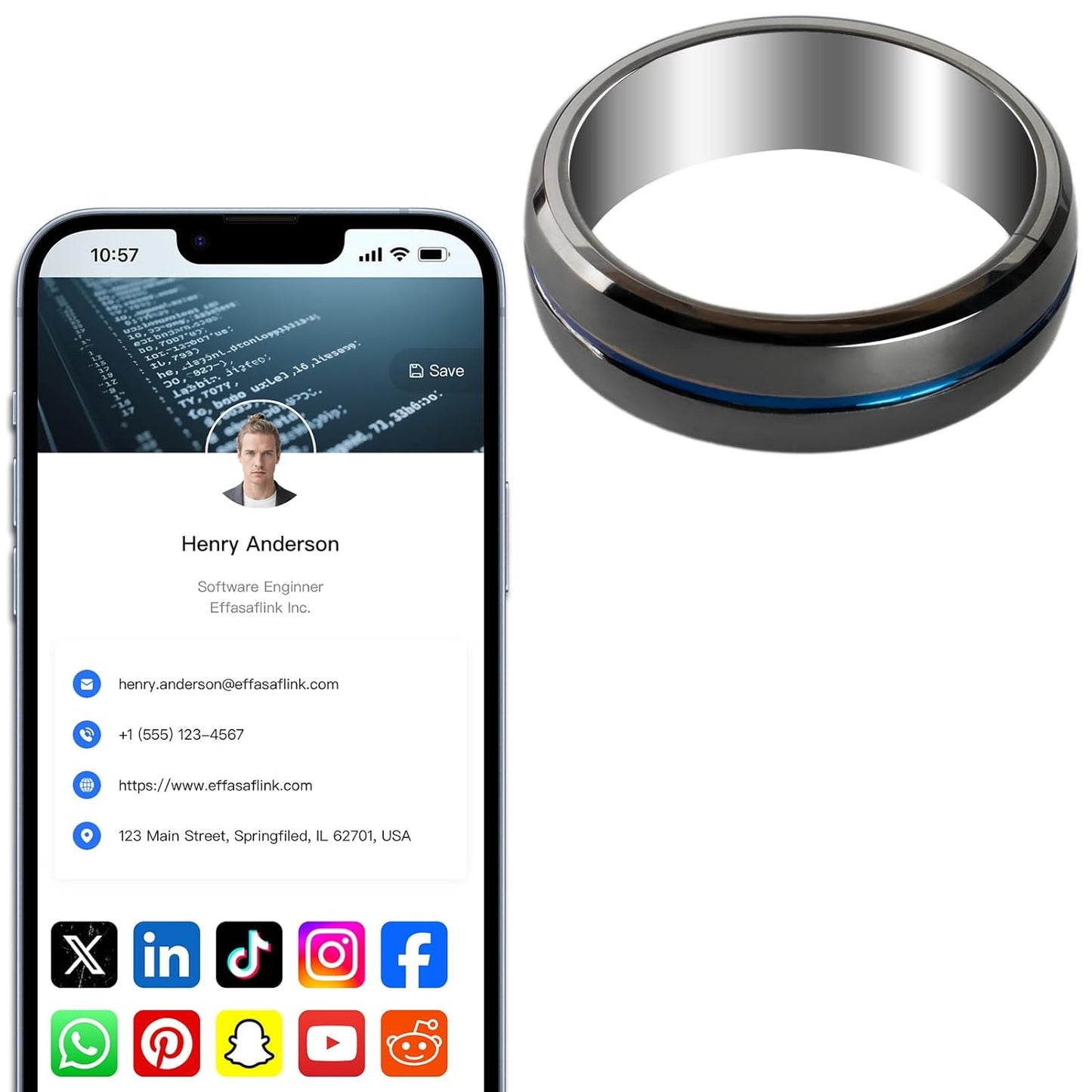 Effasaflink Digital Business Card, Customized Online Profile, Tungsten Steel Blue & Black NFC Ring, Tap to Share Social Information, for iPhone & Android