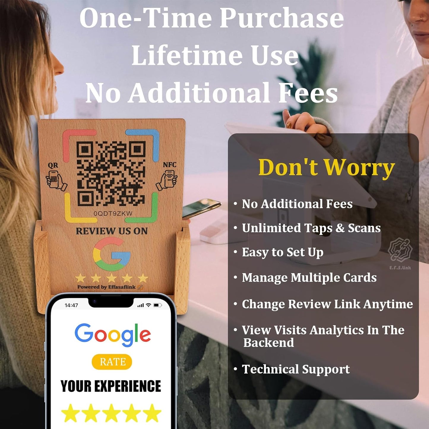 Effasaflink Wood Display Stand with NFC Chip & QR Code - Compatible with Google Review Page Easy Access for Customer Reviews, Boost Business Reviews, Small Business Essentials, No App, No Monthly Fees