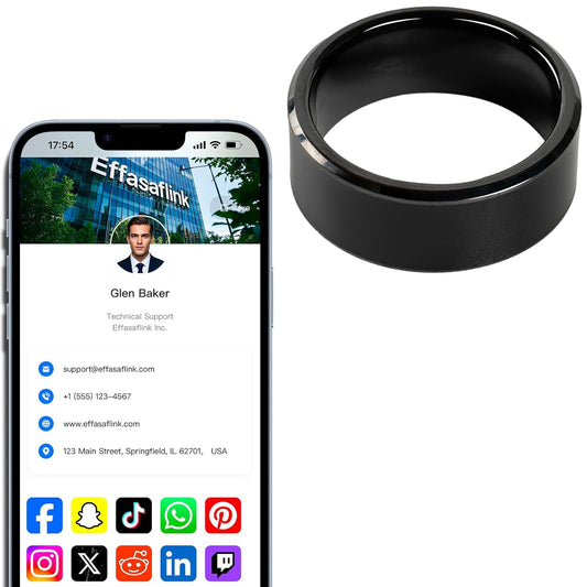 Effasaflink Digital Business Card, Customized Online Profile, Wide Face Black NFC Ring, Tap to Share Social Information, for iPhone & Android