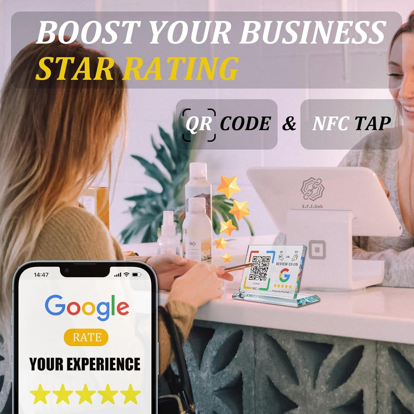 Effasaflink Crystal Display Stand with NFC Chip & QR Code - Compatible with Google Business Page Easy Access for Customer Reviews, Boost Business Reviews, No Monthly Fees, One-time Purchase for Lifetime Use
