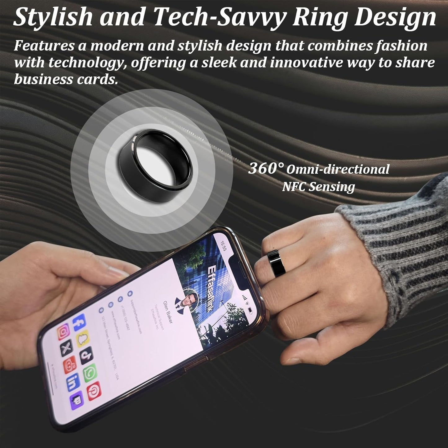 Effasaflink Digital Business Card, Customized Online Profile, Wide Face Black NFC Ring, Tap to Share Social Information, for iPhone & Android