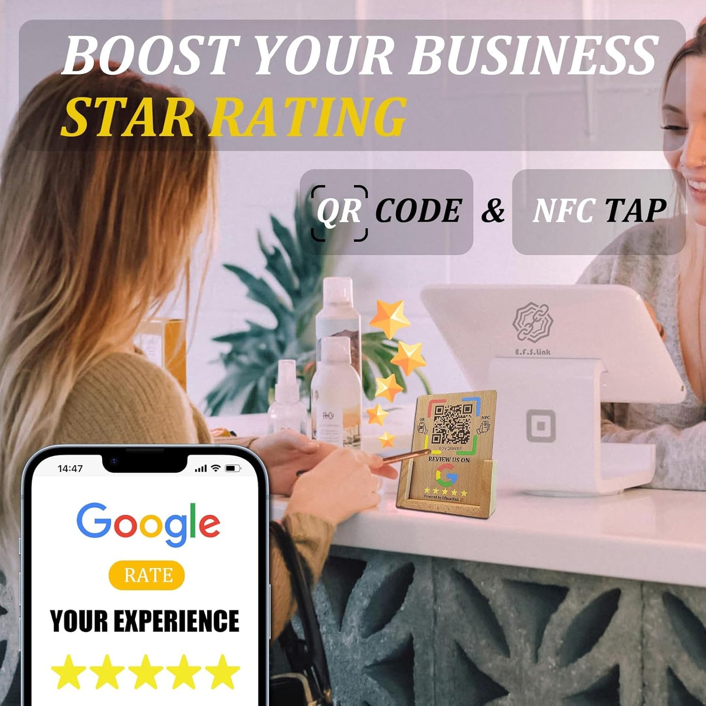 Effasaflink Wood Display Stand with NFC Chip & QR Code - Compatible with Google Review Page Easy Access for Customer Reviews, Boost Business Reviews, Small Business Essentials, No App, No Monthly Fees
