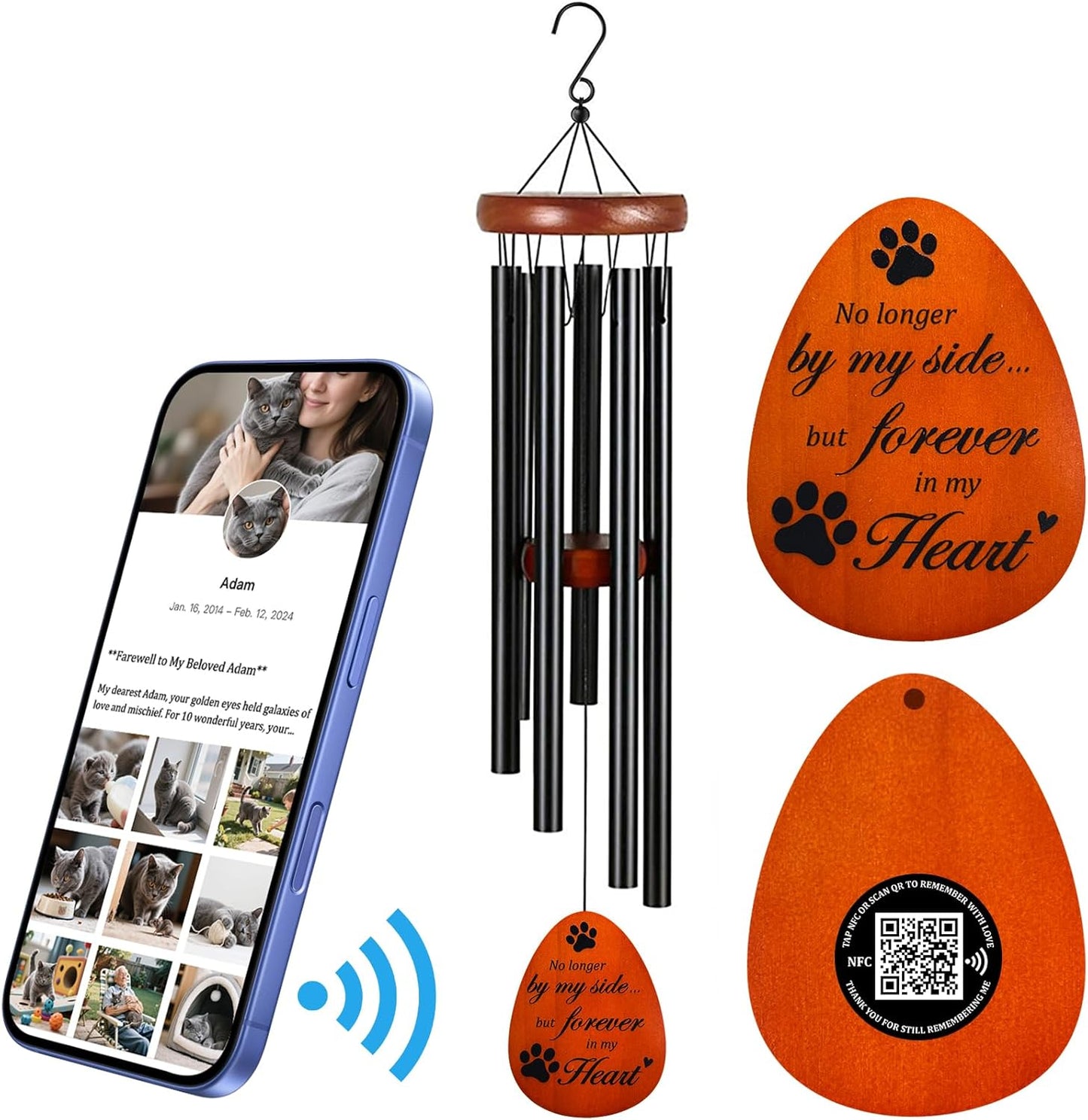 Effasaflink Pet Memorial Wind Chime with NFC & QR Code – 25.5" Wooden & Aluminum Chime with Custom Online Tribute – Upload Photos, Messages & Music for Your Beloved Pet