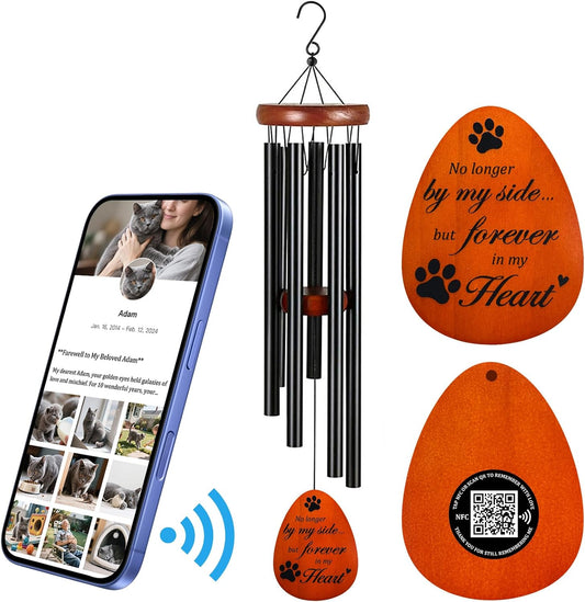 Effasaflink Pet Memorial Wind Chime with NFC & QR Code – 25.5" Wooden & Aluminum Chime with Custom Online Tribute – Upload Photos, Messages & Music for Your Beloved Pet