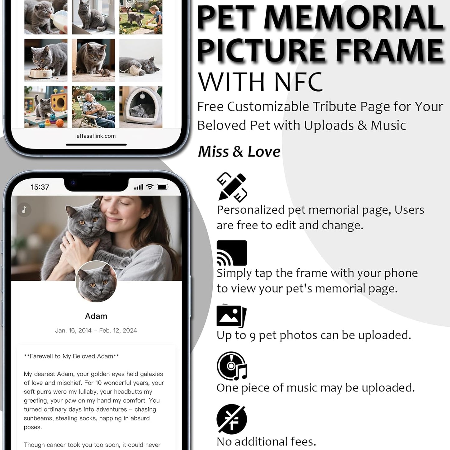 Effasaflink Pet Memorial Picture Frame with NFC – 9"x8" Wooden Frame for 2 Photos – Customizable Tribute Page for Your Beloved Pet with Uploads & Music