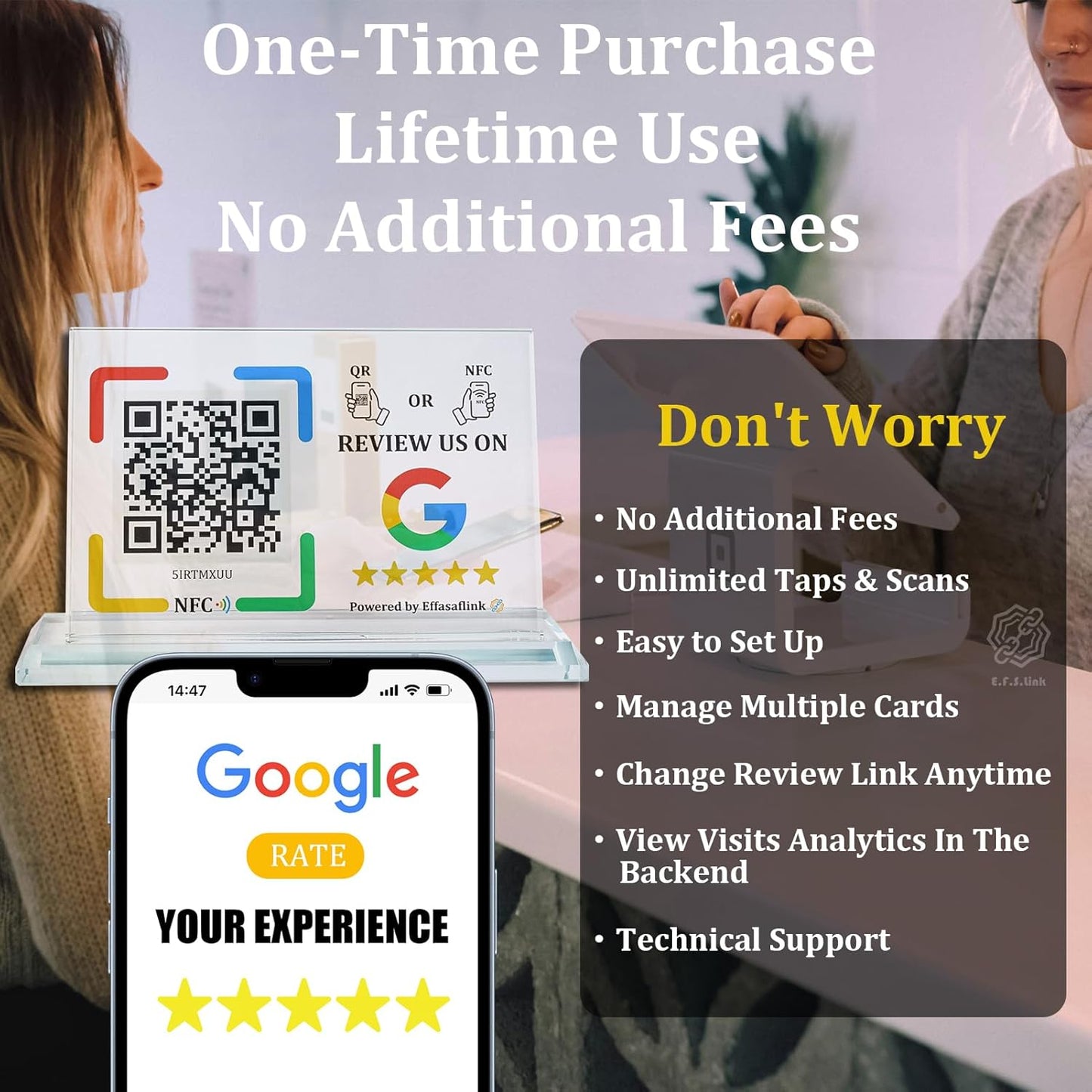 Effasaflink Crystal Display Stand with NFC Chip & QR Code - Compatible with Google Business Page Easy Access for Customer Reviews, Boost Business Reviews, No Monthly Fees, One-time Purchase for Lifetime Use