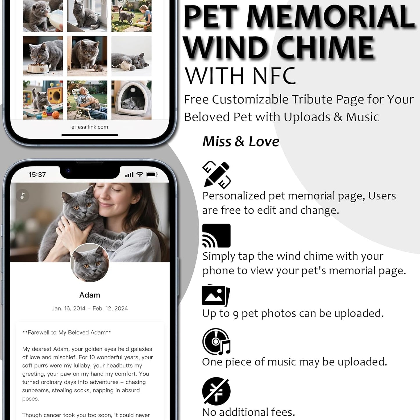 Effasaflink Pet Memorial Wind Chime with NFC & QR Code – 25.5" Wooden & Aluminum Chime with Custom Online Tribute – Upload Photos, Messages & Music for Your Beloved Pet
