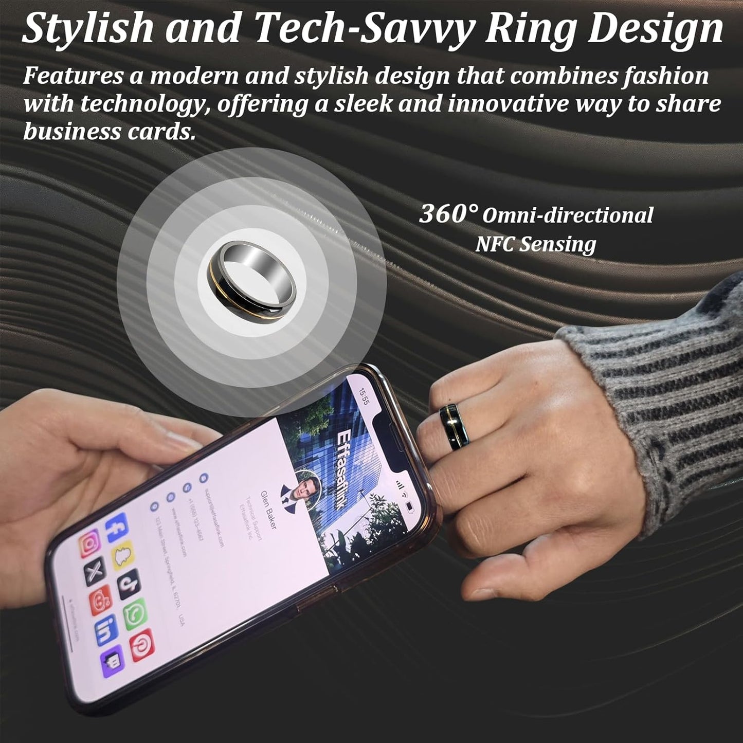 Effasaflink Digital Business Card, Customized Online Profile, Tungsten Steel Blue & Black NFC Ring, Tap to Share Social Information, for iPhone & Android