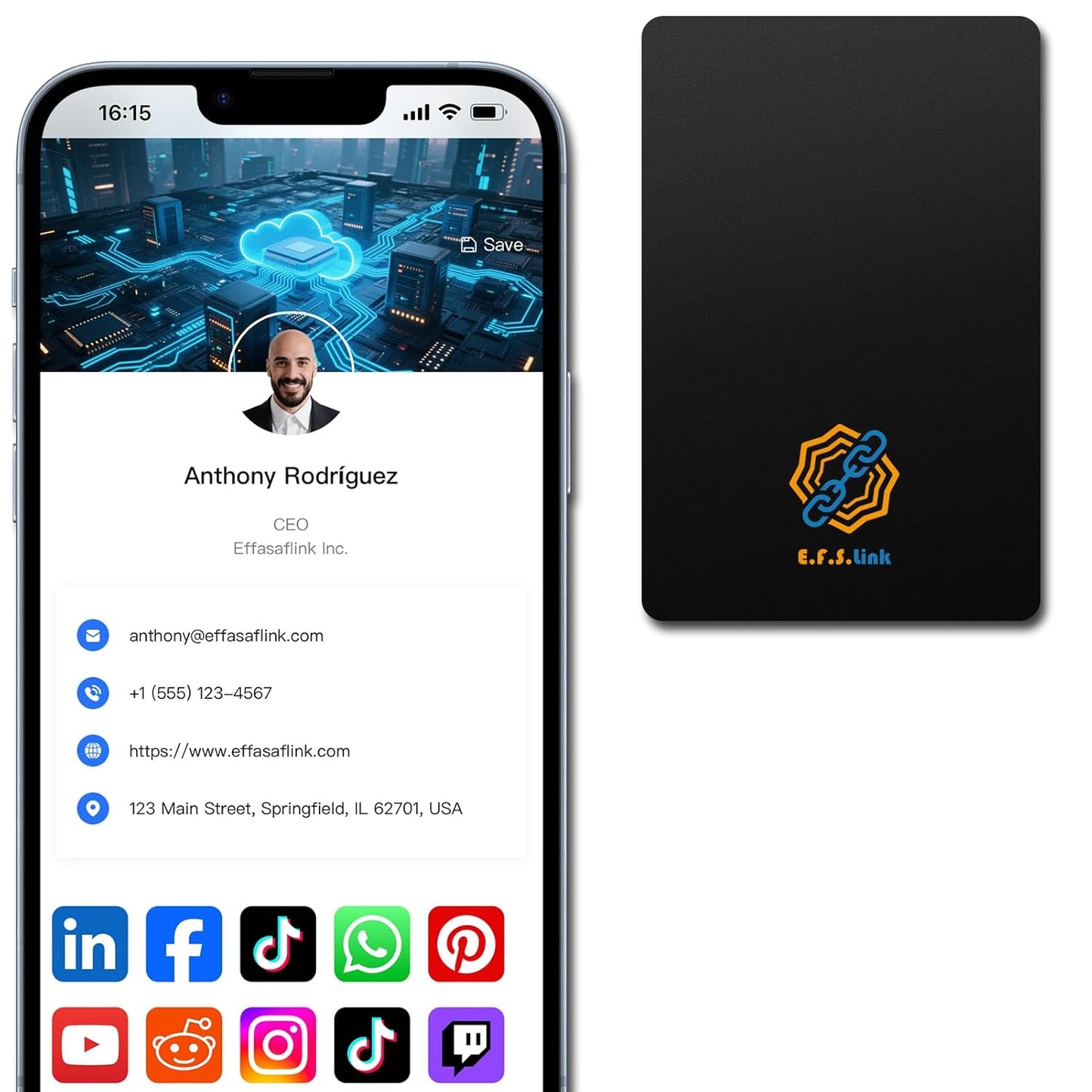 Effasaflink Black PVC Business Card, Customized Online Profile, Digital Business Card, Tap NFC or Scan QR Code to Share Social Information, for iPhone & Android