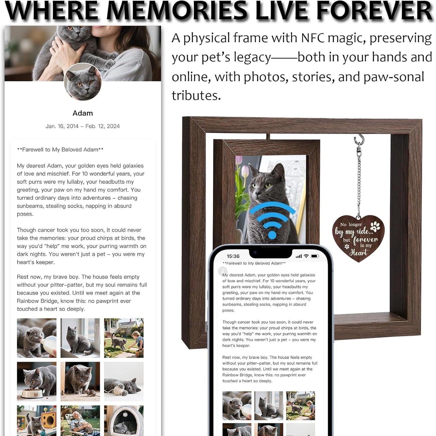 Effasaflink Pet Memorial Picture Frame with NFC – 9"x8" Wooden Frame for 2 Photos – Customizable Tribute Page for Your Beloved Pet with Uploads & Music