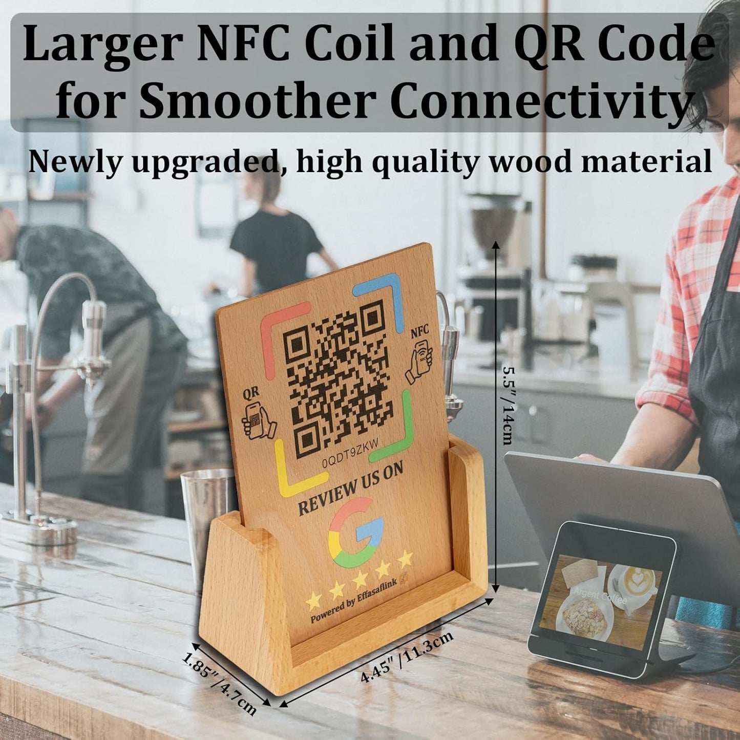Effasaflink Wood Display Stand with NFC Chip & QR Code - Compatible with Google Review Page Easy Access for Customer Reviews, Boost Business Reviews, Small Business Essentials, No App, No Monthly Fees