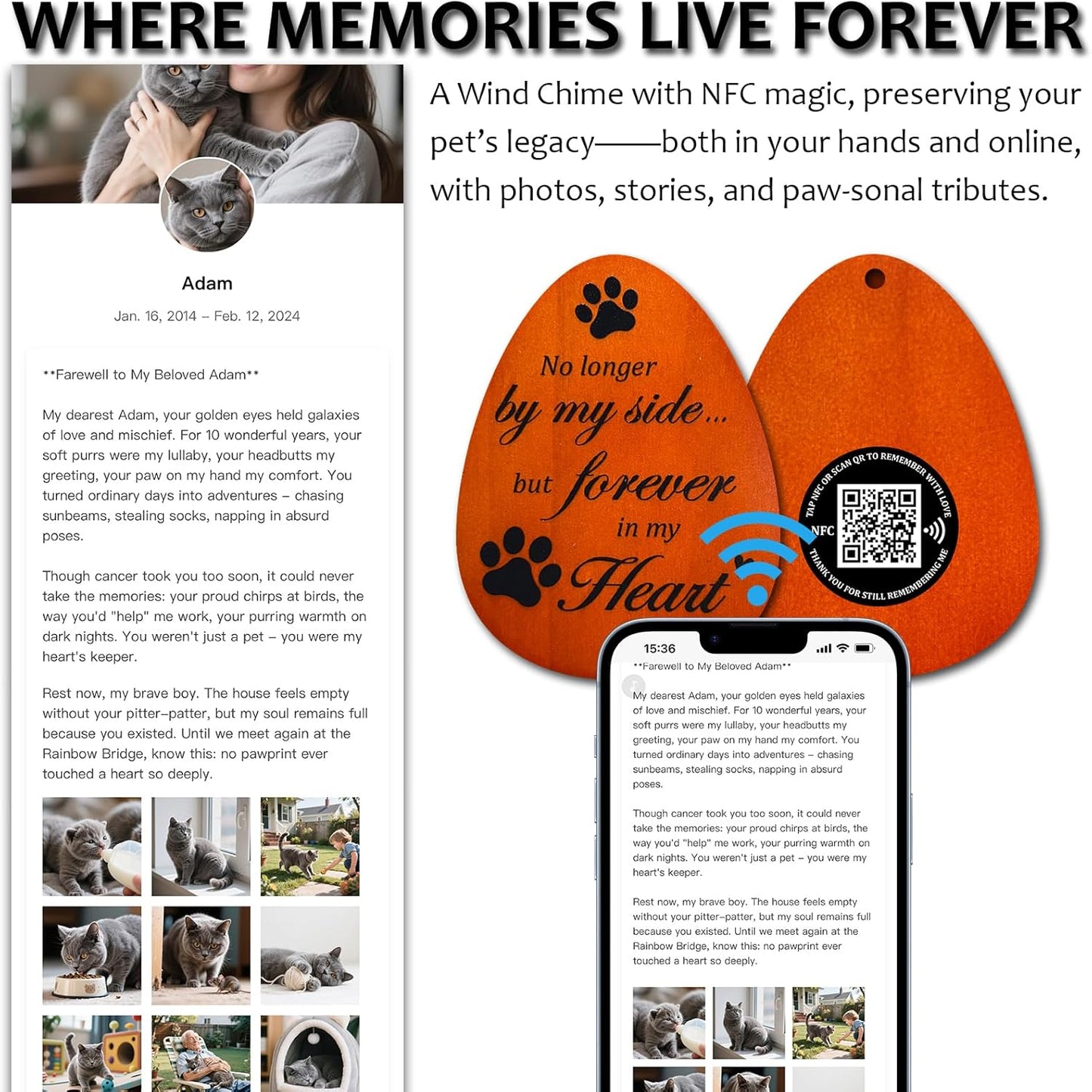 Effasaflink Pet Memorial Wind Chime with NFC & QR Code – 25.5" Wooden & Aluminum Chime with Custom Online Tribute – Upload Photos, Messages & Music for Your Beloved Pet