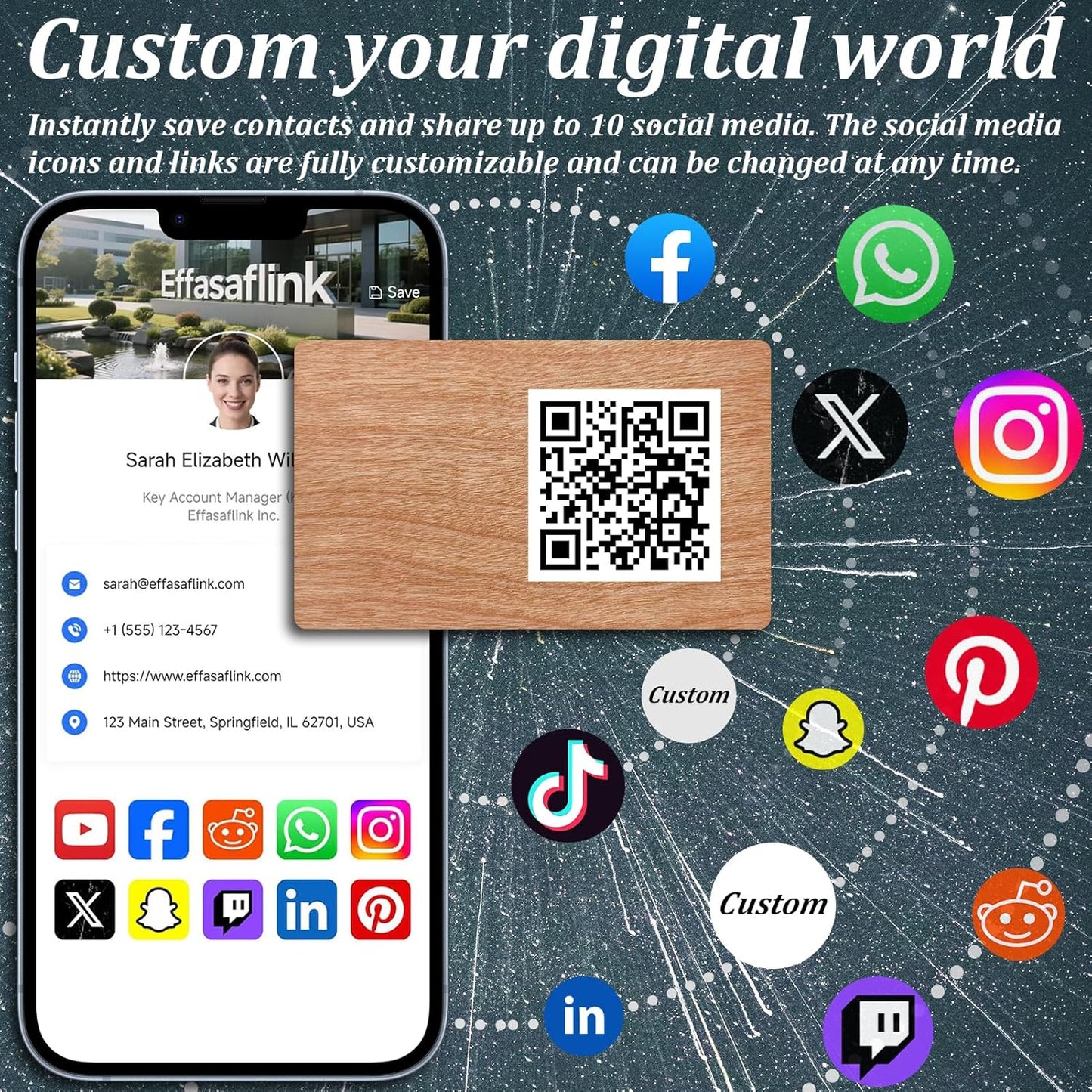 Effasaflink Digital Wood Business Card, Customized Online Profile, Tap NFC or Scan QR Code to Share Social Information, for iPhone & Android