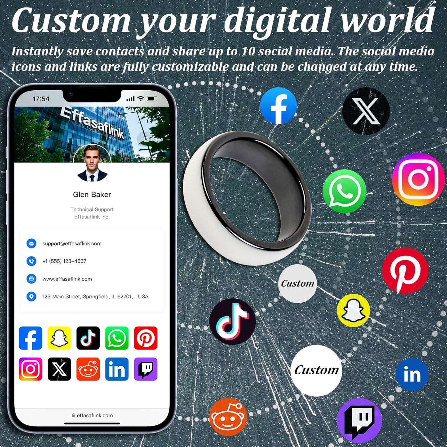 Effasaflink Digital Business Card, Customized Online Profile, White NFC Ring, Tap to Share Social Information, for iPhone & Android