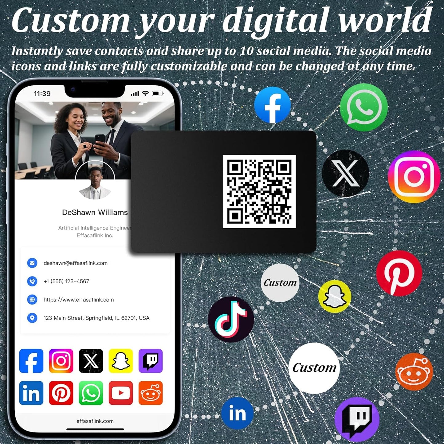 Effasaflink Black PVC Business Card, Customized Online Profile, Digital Business Card, Tap NFC or Scan QR Code to Share Social Information, for iPhone & Android