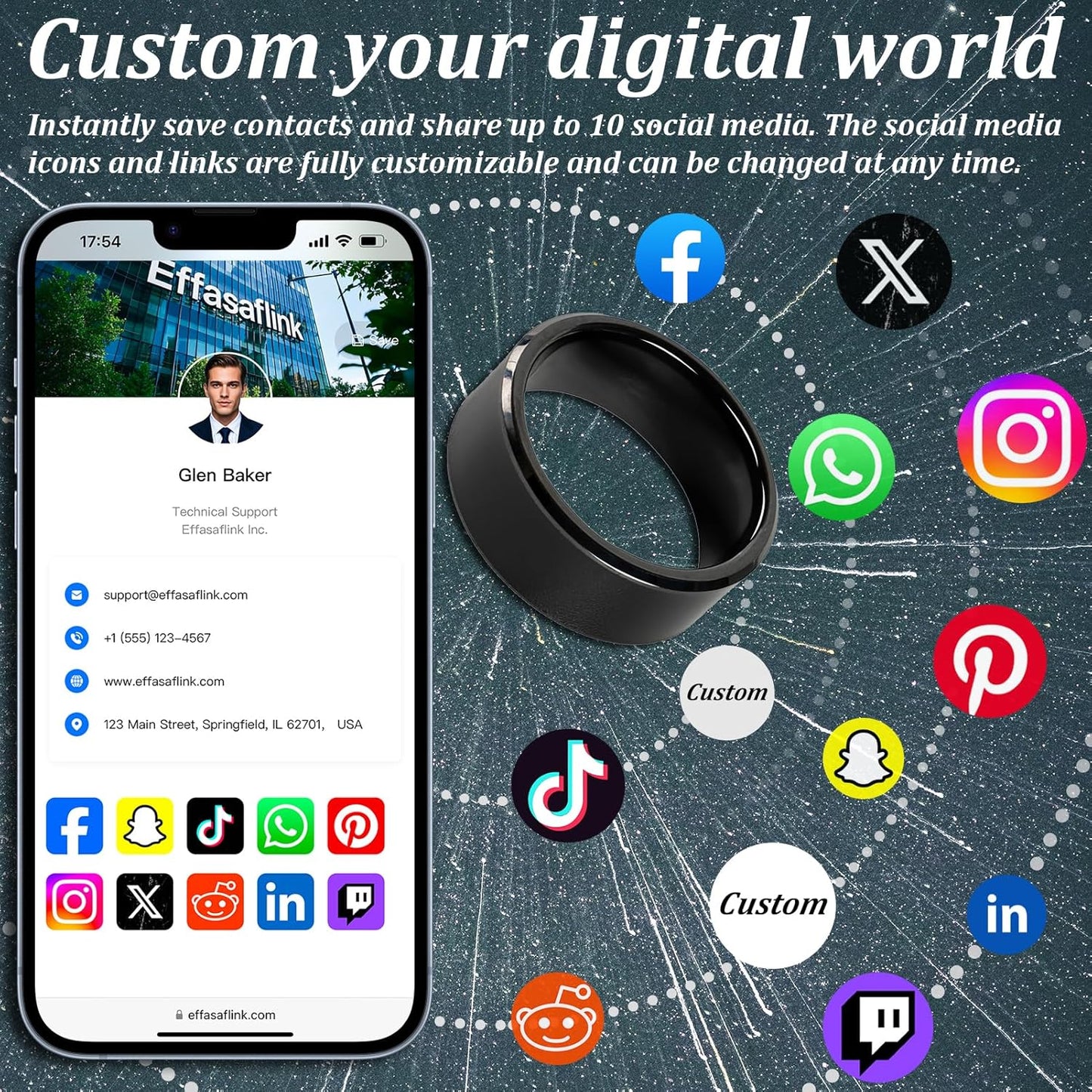 Effasaflink Digital Business Card, Customized Online Profile, Wide Face Black NFC Ring, Tap to Share Social Information, for iPhone & Android