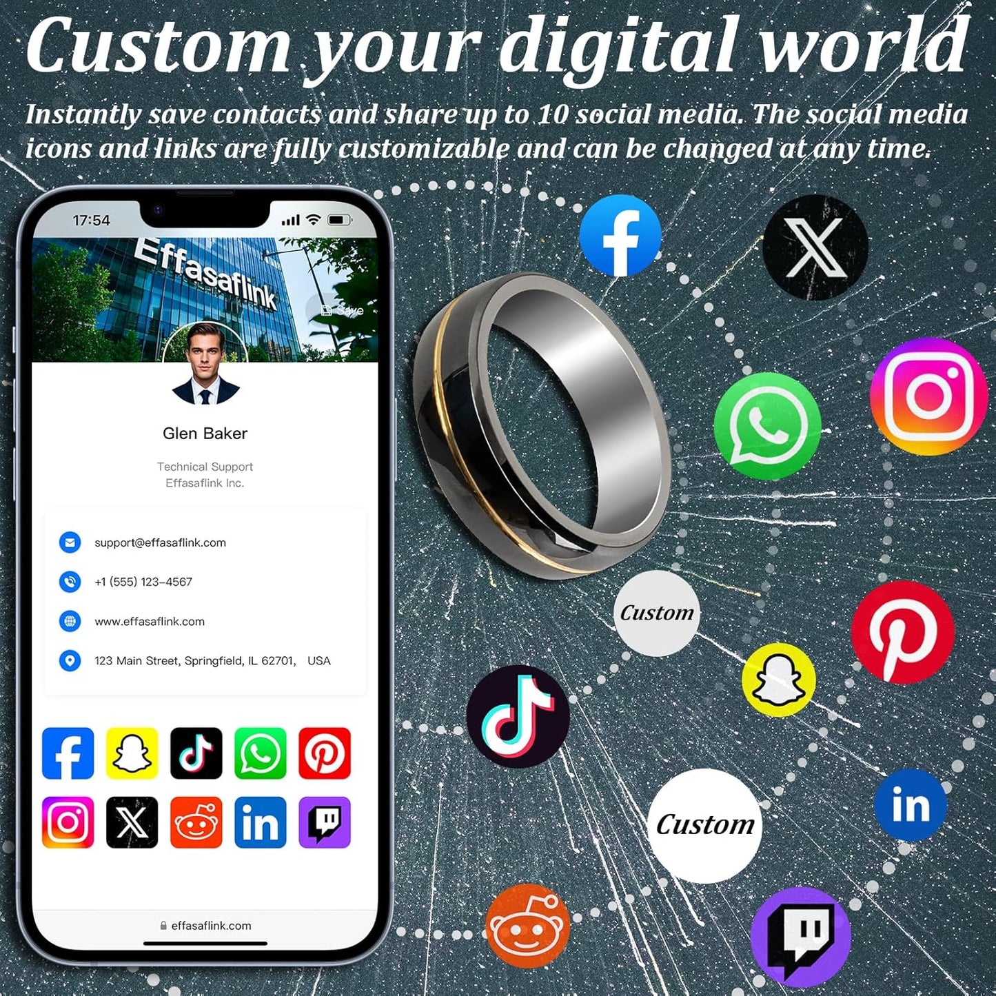 Effasaflink Digital Business Card, Customized Online Profile, Tungsten Steel Blue & Black NFC Ring, Tap to Share Social Information, for iPhone & Android