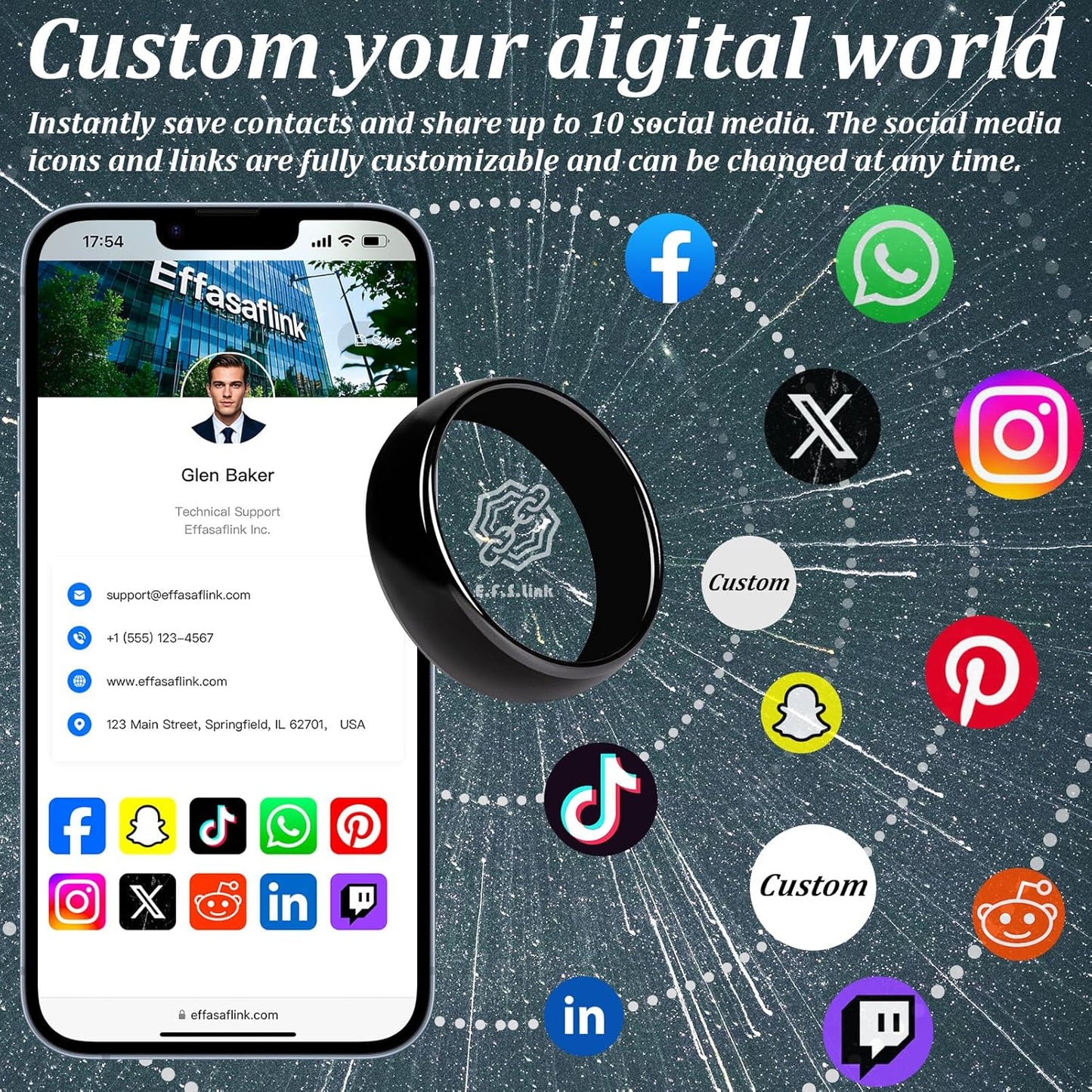 Effasaflink Digital Business Card, Customized Online Profile, NFC Ring, Tap to Share Social Information, for iPhone & Android
