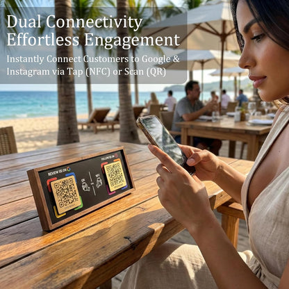 Dual NFC Walnut Stand – Google Review + Social/Website – No App Needed
