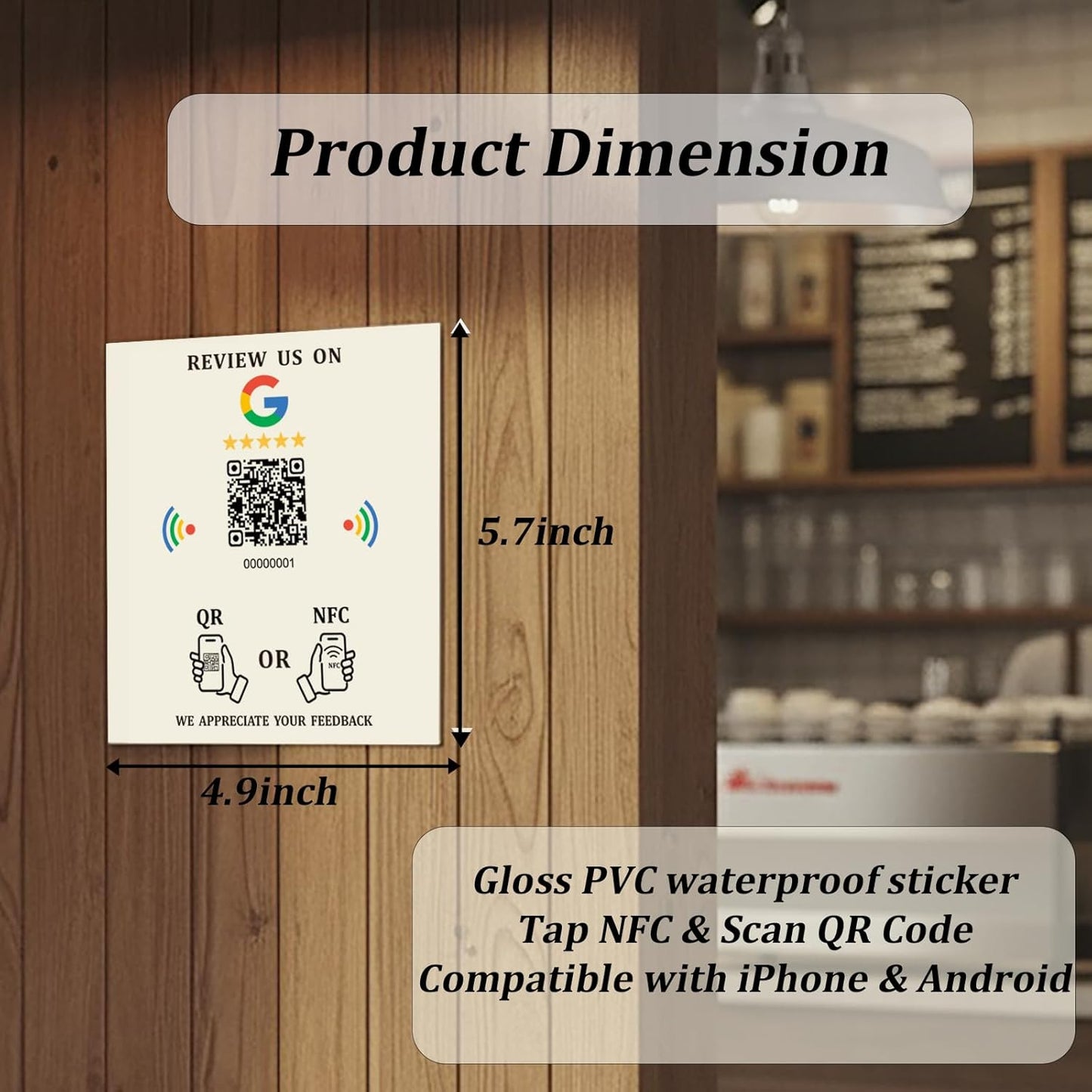 5.7" x 4.9" NFC Sticker – Payments, Reviews & Social – No Monthly Fee – Waterproof PVC