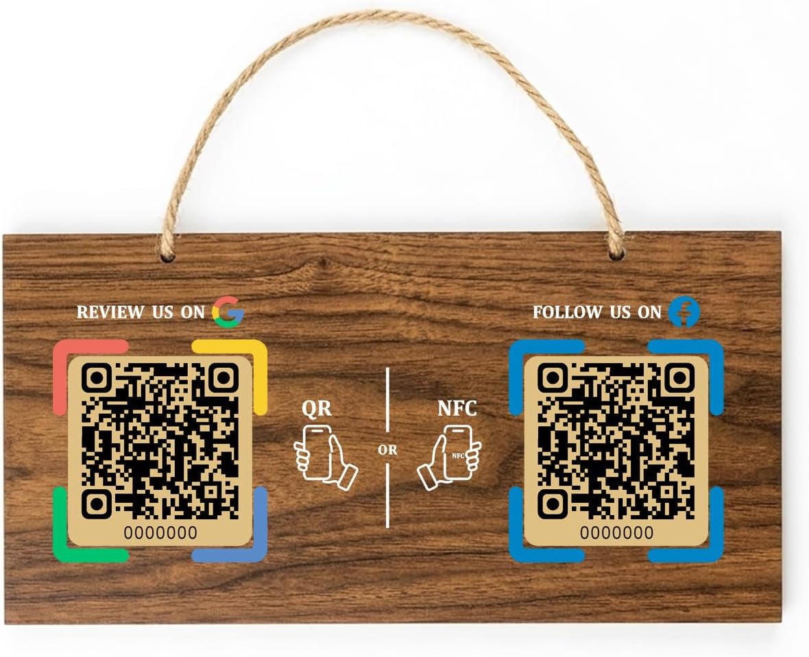 Large Wooden Style NFC Hanging Sign – Google Review & Social – No Monthly Fee – 11.8" x 5.9"