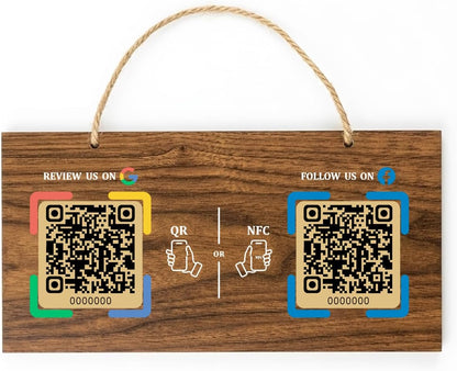 Large Wooden Style NFC Hanging Sign – Google Review & Social – No Monthly Fee – 11.8" x 5.9"