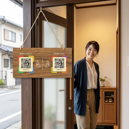 Large Wooden Style NFC Hanging Sign – Google Review & Social – No Monthly Fee – 11.8" x 5.9"