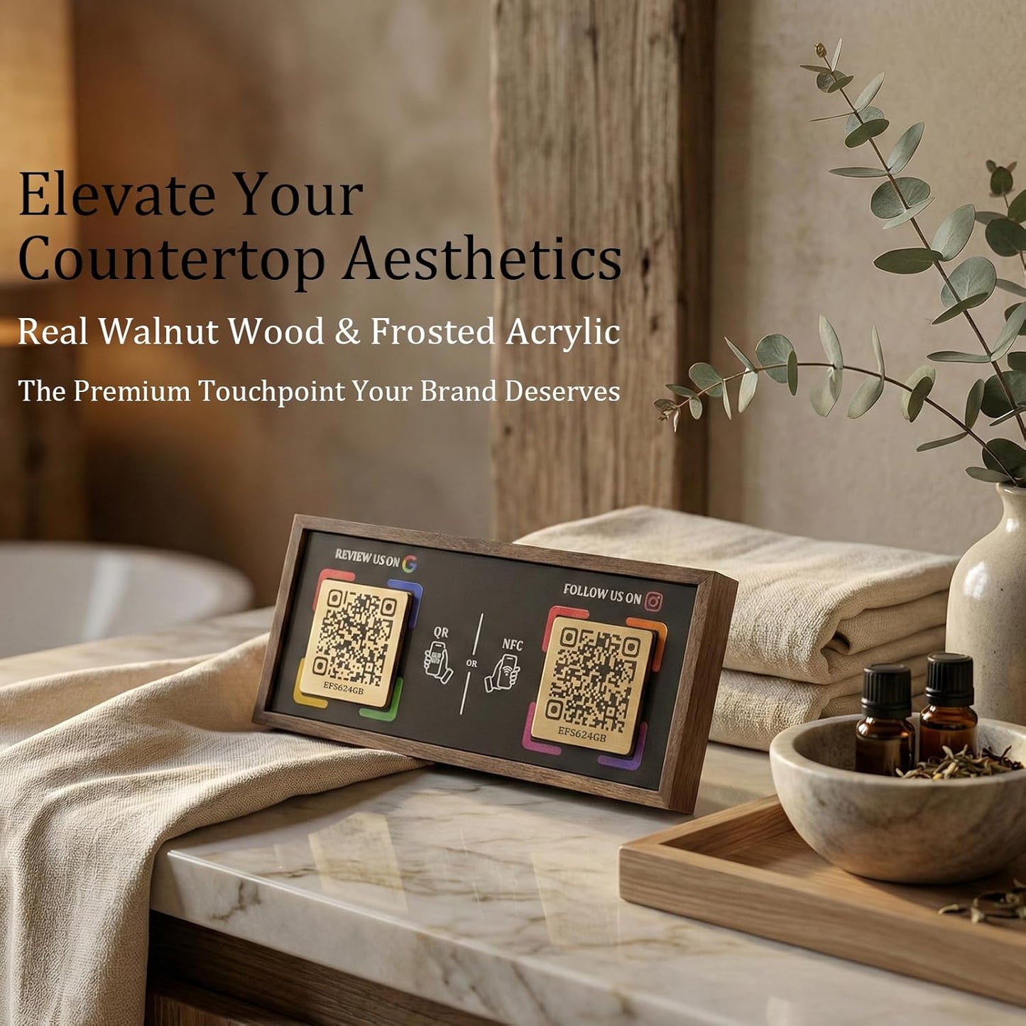 Dual NFC Walnut Stand – Google Review + Social/Website – No App Needed
