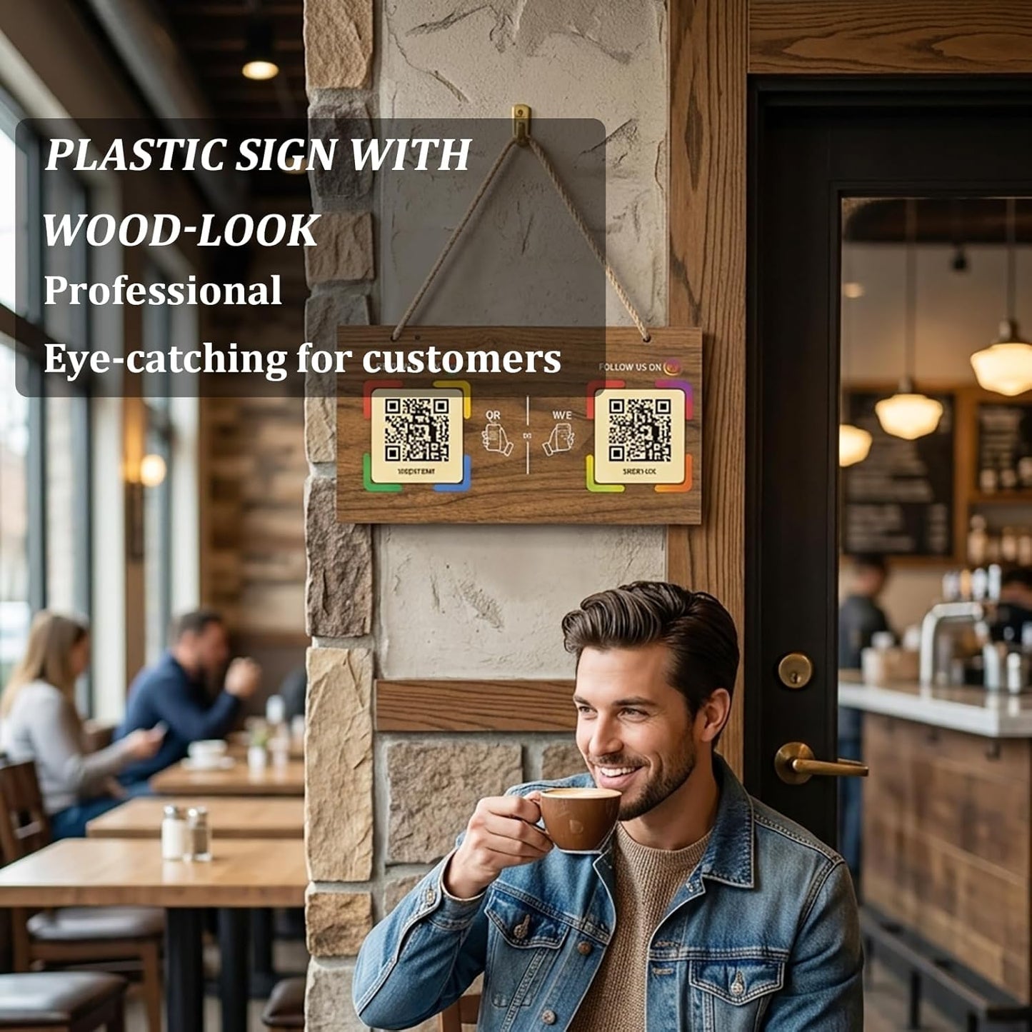 Large Wooden Style NFC Hanging Sign – Google Review & Social – No Monthly Fee – 11.8" x 5.9"
