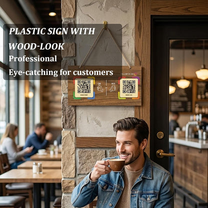 Large Wooden Style NFC Hanging Sign – Google Review & Social – No Monthly Fee – 11.8" x 5.9"