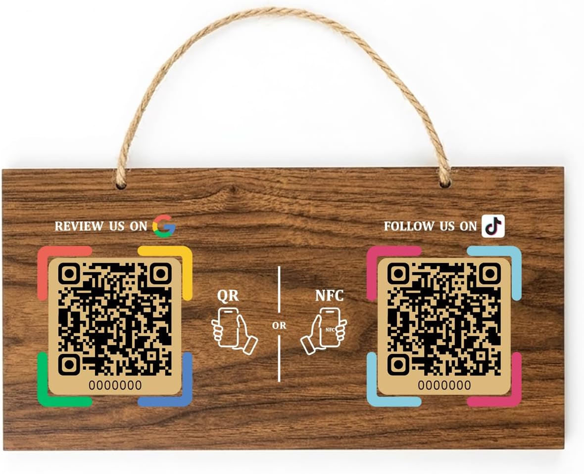 Large Wooden Style NFC Hanging Sign – Google Review & Social – No Monthly Fee – 11.8" x 5.9"