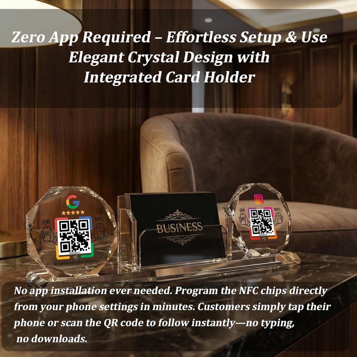 Crystal NFC Stand with Card Holder – Dual Platform – No App, No Monthly Fee