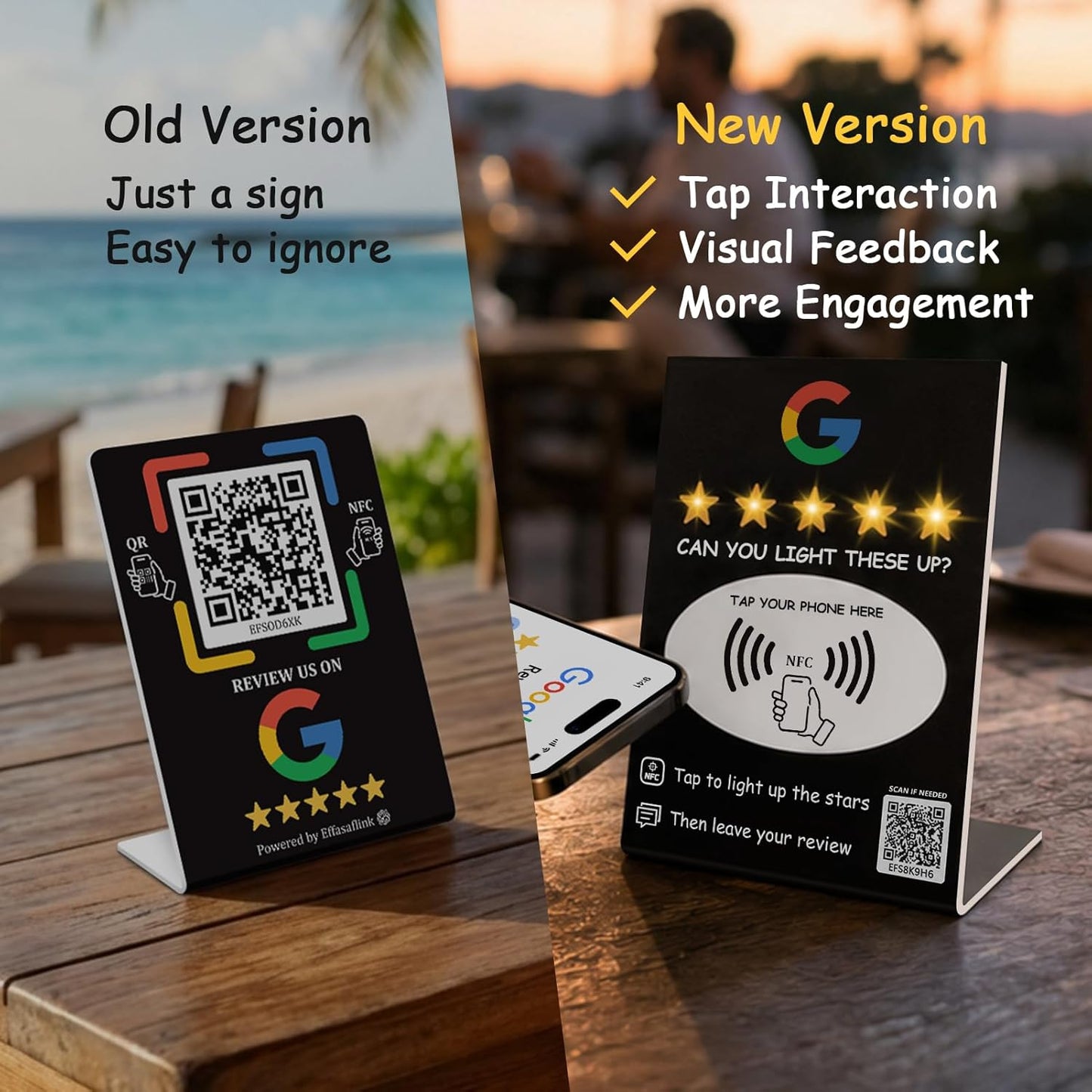 NFC Star Review Sign – Tap to Light Up & Review – No Battery Needed