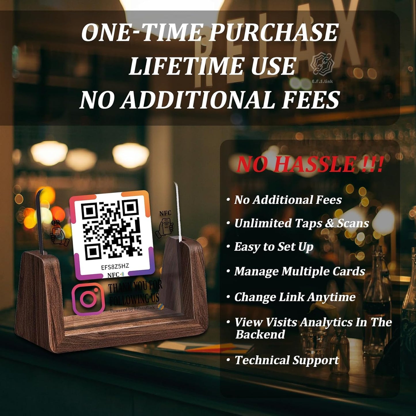 Wooden NFC Stand – Reviews, Social, Payment – No Monthly Fee - No App Needed